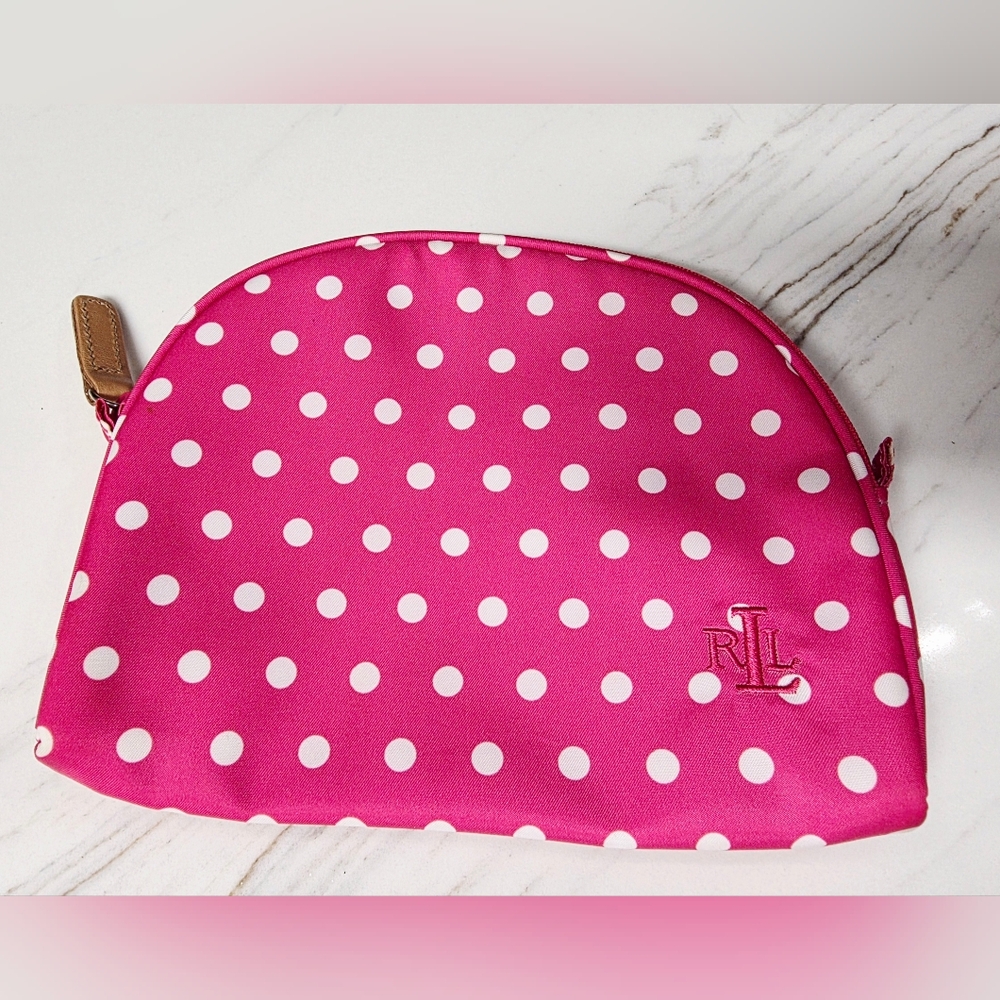 Ralph Lauren Pink and White Polka Dot Cosmetic Makeup Case Bag